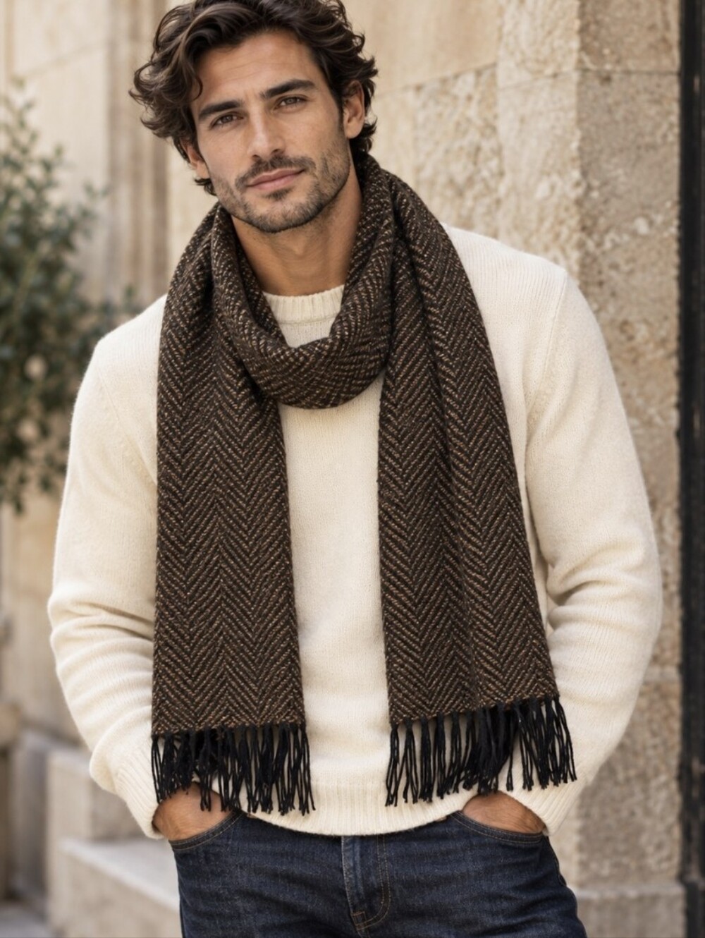 Blarney Woollen Mills Lambswool Scarf Brown/Black Herringbone Made In Ireland